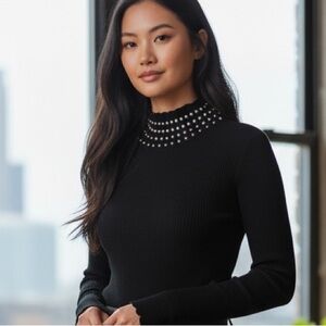 INC International Concepts Black Ribbed Sweater with Pearl-Studded Mock Neck